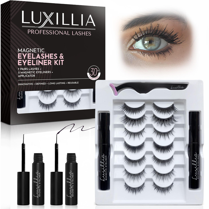 Luxillia Magnetic Eyelashes Kit  10 Piece Magnetic Eyelash & Eyeliner Set with Applicator  Natural Look Easy Apply Reusable Fake Extension Lashes,