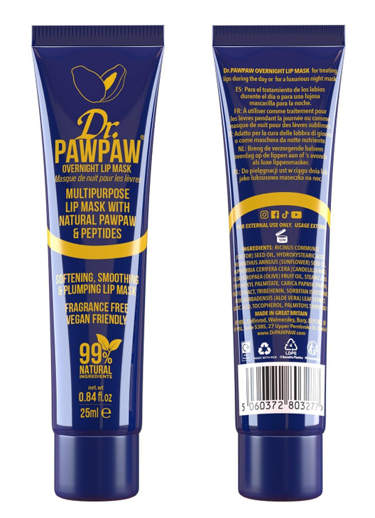 Dr.PAWPAW Overnight Lip Mask - Multi-Purpose Balm, Natural Pawpaw & Peptides Smooth Skin, Cracked Lips, Vegan, Ethical Beauty & Fregrance Free (3 x 2