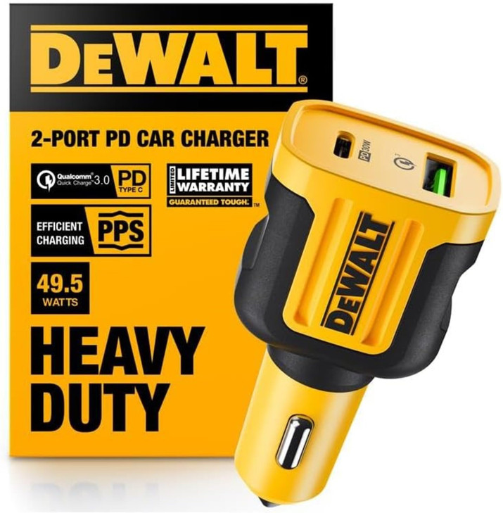 DEWALT Heavy Duty USB + USB C Car Charger Adapter, 49.5W Cigarette Lighter USBA Charger, PD Car Charging Adapter PPS 30W Quick Charge 3.0 Fast Chargi