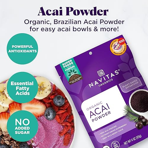Navitas Organics Acai Powder  for Smoothie Bowls, Oatmeal, Dips, Sauces & More  Antioxidants, Omega 3 6 9, Fiber - USDA Organic, Non GMO, Kosher, G