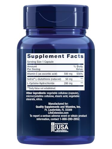 Life Extension Glutathione, Cysteine & C, 500 mg of Vitamin C, Powerful antioxidant Supplement to Support Liver Health, Gluten-Free, Non-GMO, 100 Cap