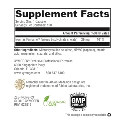 XYMOGEN Iron Glycinate Supplement  Patented Iron BisGlycinate Vitamin - Designed for High Absorption  Supports Hemoglobin & Ferritin Levels  Gentl