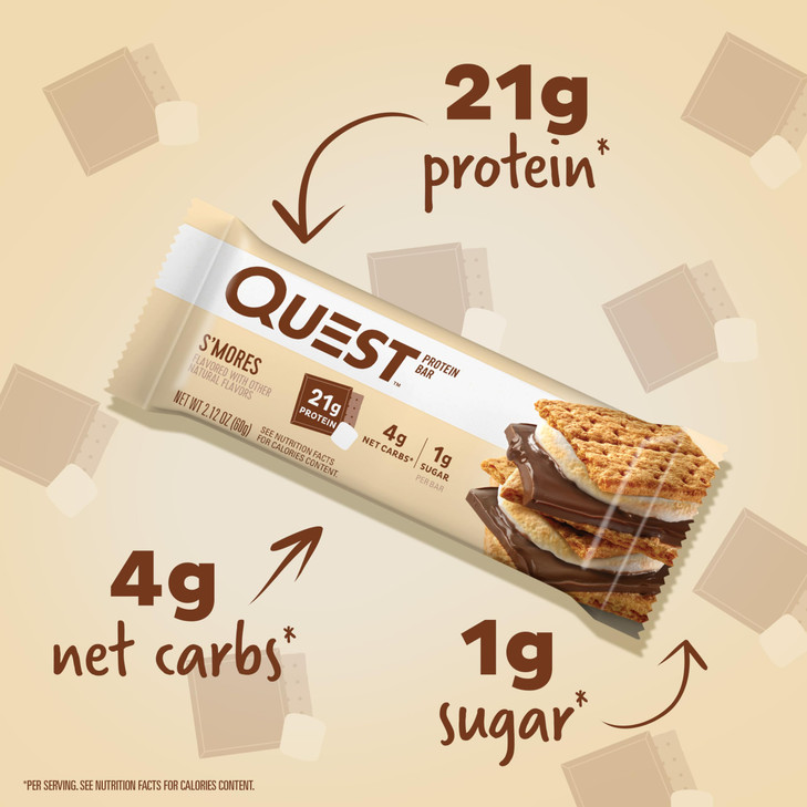 Quest Nutrition S'Mores Protein Bars, 21g Protein, 1g Sugar, 4g Net Carb, Gluten Free, Keto Friendly, 12 Count