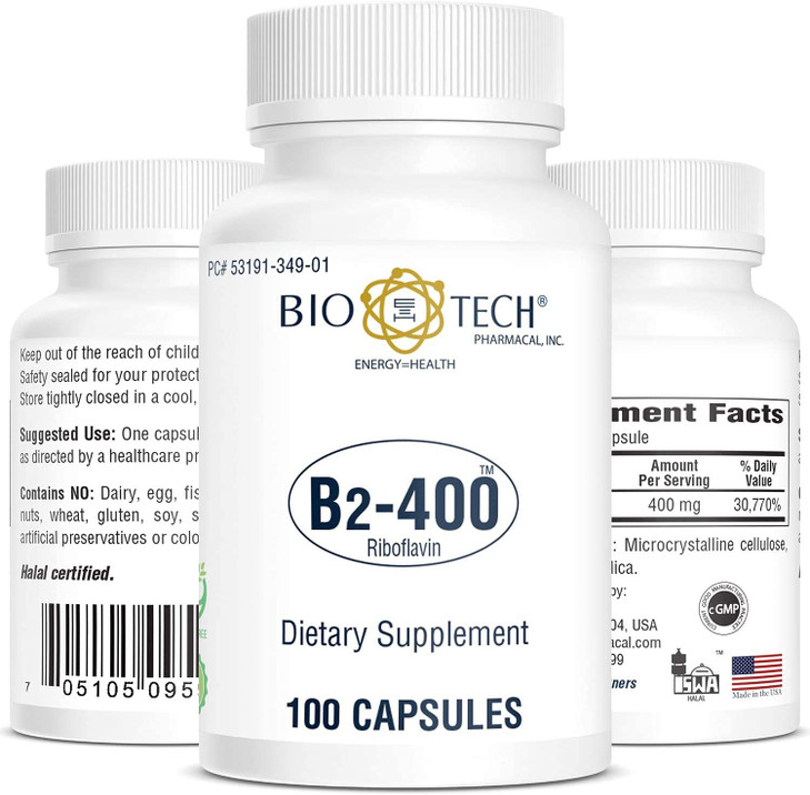 Bio-Tech Pharmacal B2-400, 100 Capsules  All-Natural Supplement  Supports Clarity and Productivity  No Dairy, Fish, Gluten, Peanut, Shellfish, GMO