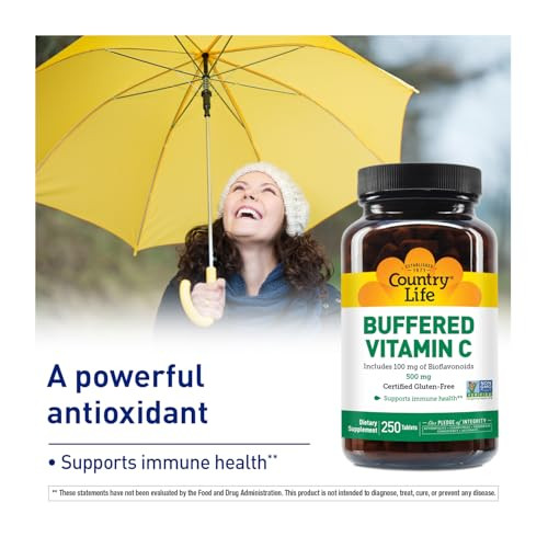 Country Life Vitamin C Buffered with Bioflavonoids, 500mg, 250 Tablets, Certified Gluten Free, Certified Vegan