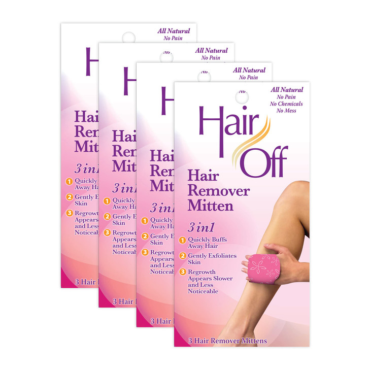 Hair Off Hair Remover Mitten - All-Natural, Painless & Chemical Free - Full Body Hair Removal - Slows & Lessens Regrowth - Exfoliates Skin (3 Mittens