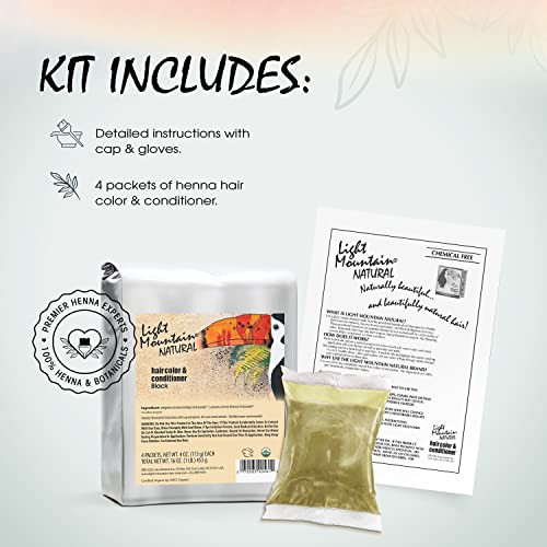 Light Mountain Henna Hair Color & Conditioner - Black Hair Dye for Men/Women, Organic Henna Leaf Powder and Botanicals, Chemical-Free, Semi-Permanent