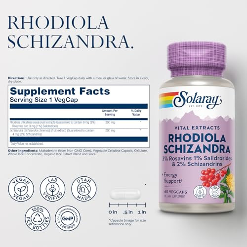 SOLARAY Rhodiola Schizandra - Rhodiola Rosea Extract - Energy Support and Occasional Stress Relief Supplement - Vegan, Lab Verified, 60-Day Guarantee