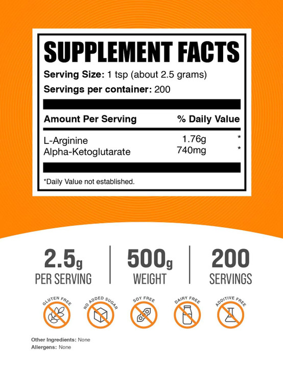 BulkSupplements.com AAKG Powder - Arginine AKG Supplement, Nitric Oxide Supplement, Unflavored & Gluten Free, 2.5g per Serving, 500g (1.1 lbs) (Pack