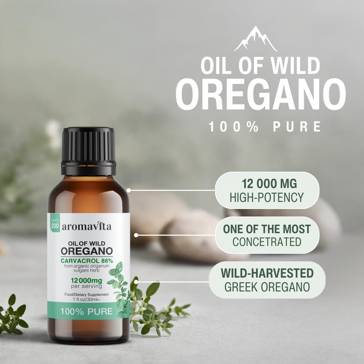 AROMAVITA Wild Oregano Oil Organic - 100% Pure Undiluted Organic Wild Oregano Oil with 86-90% Carvacrol, Immune Support - Plant-Based, Herbal Supplem