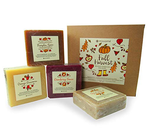 Missamé Pumpkin Spice, Cranberry, Oatmeal And Orange Cinnamon Scented Handmade Bath Soap Set, 4 Full Sized 5.0 oz Each, Saponified Olive Oil Base Wit