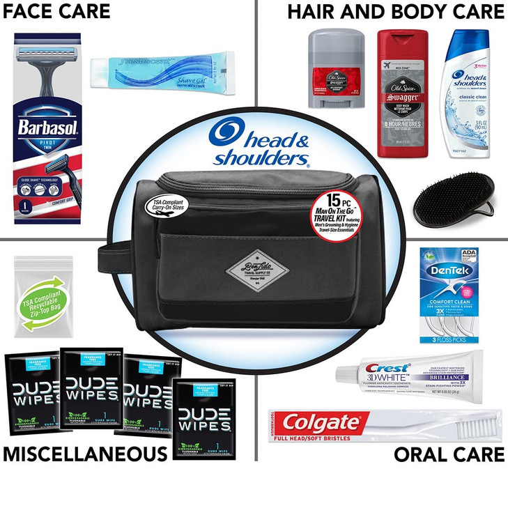 Convenience Kits International Men's Premium 15-Piece Kit wth Travel Size TSA Compliant Essentials, Featuring: Head & Shoulders Dandruff Shampoo Clas