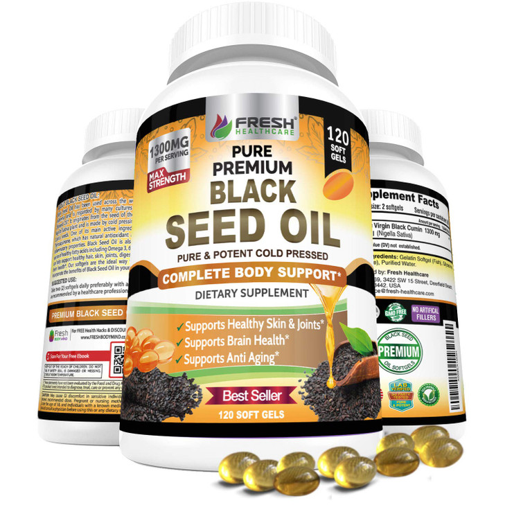 FRESH HEALTHCARE Black Seed Oil Capsules Cold Pressed 1300mg - 100% Pure Non-GMO Nigella Sativa - Immune & Joint Support - Premium Softgel Supplement