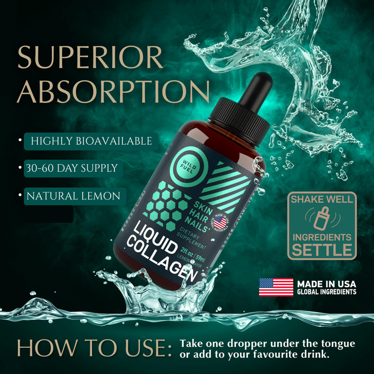 WILD FUEL Liquid Collagen Peptides with Biotin Vitamins for Hair Skin and Nails - 30,000mcg Biotin and Collagen Liquid for Women and Men - Lemon Flav