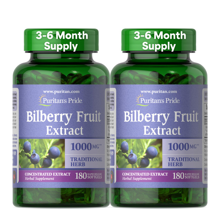 Puritan's Pride Premium Bilberry Fruit Extract 250 mg (1000mg equivalent), 4:1 Concentrated Traditional Herbal Supplement, Vitamin C, 3 to 6 Month Su