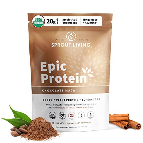 Sprout Living Epic Protein, Plant Based Protein & Superfoods Powder, Chocolate Maca Powder | 20 Grams Organic Protein Powder, Vegan, Non Dairy, Non-G