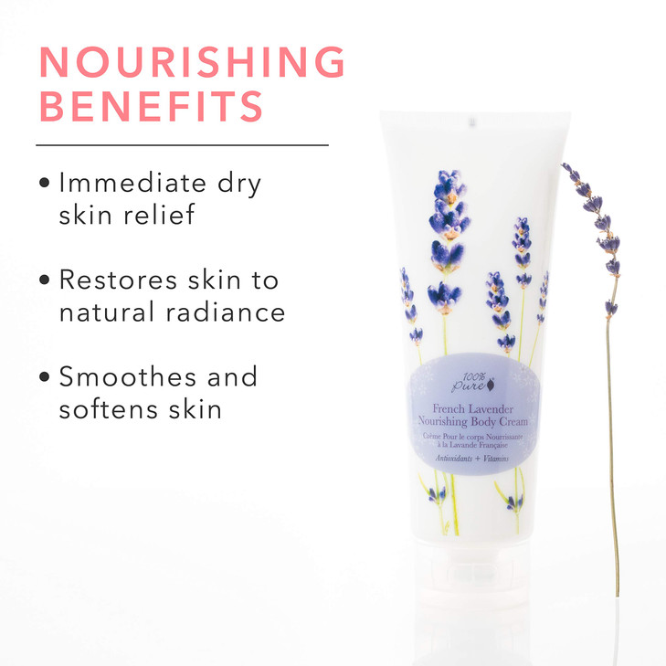 100% PURE Nourishing Body Cream French Lavender Lotion Luxurious Botanical Dry Skin Hydration & Replenishment, Natural Anti-Aging Moisturizer & Skinc