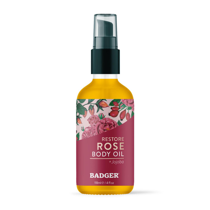 Badger Rose Body Oil, 100% Organic Rose Scented Body Oil, All Natural Body Moisturizer, Organic Jojoba & Rose Oils Soothe Dry Skin, 4 fl oz Glass Bot