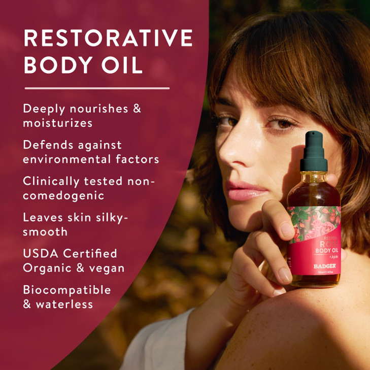 Badger Rose Body Oil, 100% Organic Rose Scented Body Oil, All Natural Body Moisturizer, Organic Jojoba & Rose Oils Soothe Dry Skin, 4 fl oz Glass Bot