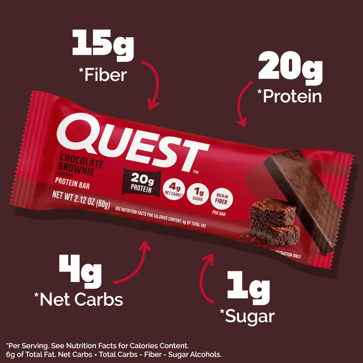 Quest Nutrition Chocolate Brownie Protein Bar, 20g Protein, 1g Sugar, 4g Net Carb, High Fiber, Gluten Free, 12 Count