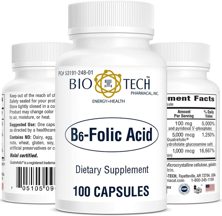 Bio-Tech Pharmacal B6-Folic Acid, 100 Capsules  All-Natural Supplement  Supports Cardiovascular, Bone, & Nervous System Health  No Dairy, Fish, Gl
