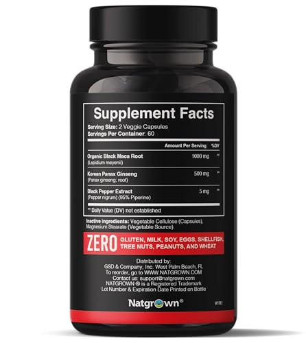 Natgrown Black Maca Root + Panax Ginseng Powder Capsules 1500 mg with Black Peruvian Maca Root & Korean Panax Ginseng Supplement for Men and Women -