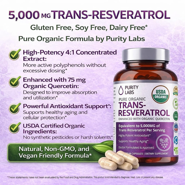 Purity Labs Trans-Resveratrol Supplement 5,000 mg Equivalent per Serving with Quercetin, USDA Organic High Potency Antioxidant, Vegan Capsules, 90 Co
