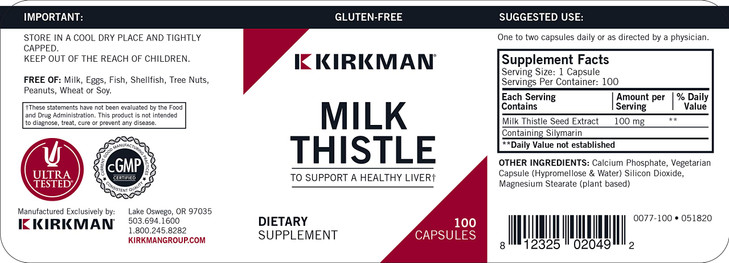 Kirkman Milk Thistle 100 mg - Hypoallergenic | 100 Vegetarian Capsules