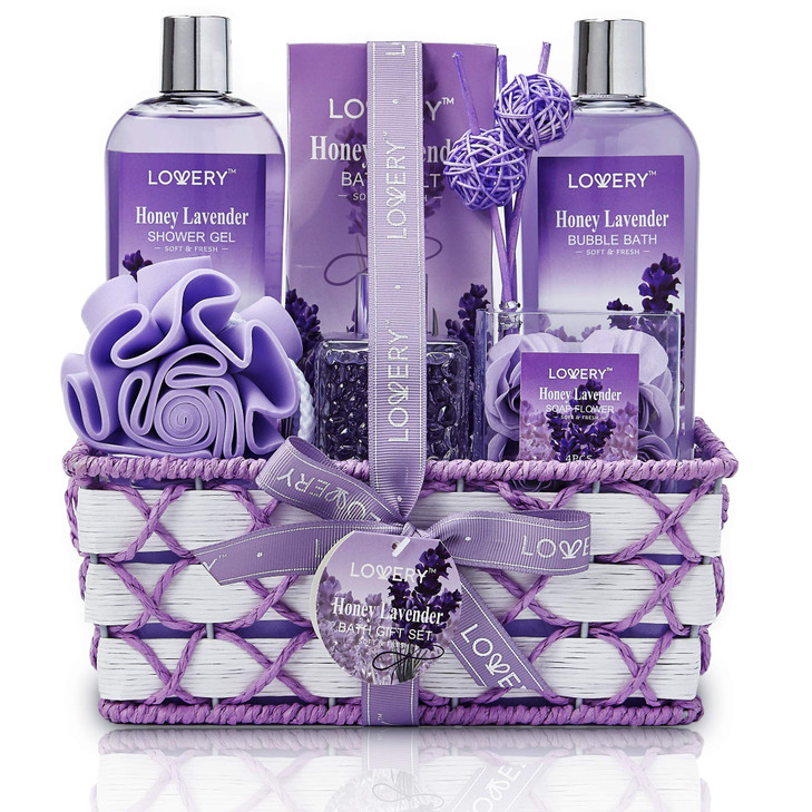 Bath and Body Gift Basket For Women and Men, Honey Lavender Home Spa Set with Essential Oil Diffuser, Soap Flowers, Bath Salts, Bubble Bath & More -