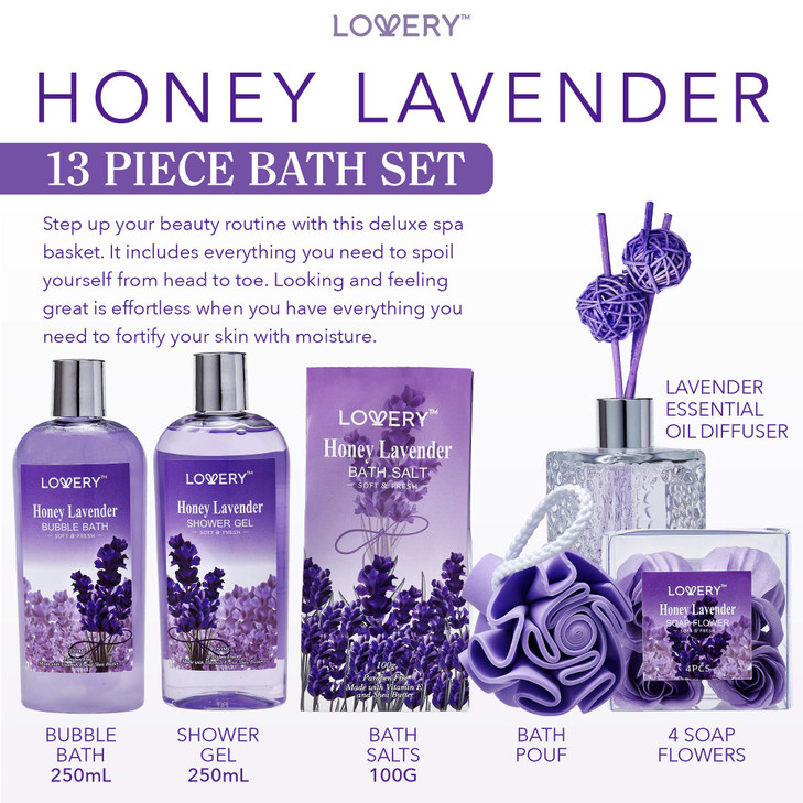 Bath and Body Gift Basket For Women and Men, Honey Lavender Home Spa Set with Essential Oil Diffuser, Soap Flowers, Bath Salts, Bubble Bath & More -