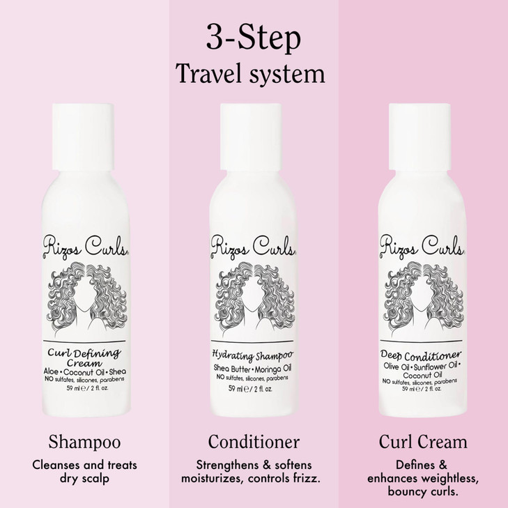 Rizos Curls Trio Travel Curl Kit, Includes Travel Hydrating Shampoo, Travel Deep Conditioner, Travel Curl Cream, Gently Cleanse, Hydrate and Style, F