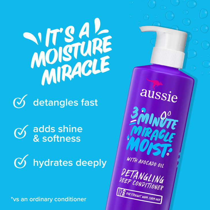 Aussie 3 Minute Miracle Moist Deep Conditioner for Dry Hair, Avocado & Jojoba Oil, Safe for Color Treated Hair, Nourishing Hydration, Silky Shine, Pa