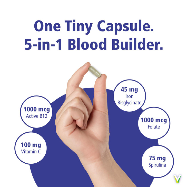 VITALITY Power Iron + Spirulina | 45mg Iron | Blood Builder | Iron Deficiency Support | Vegan | All Natural Supplement | Gentle on Stomach | Capsules