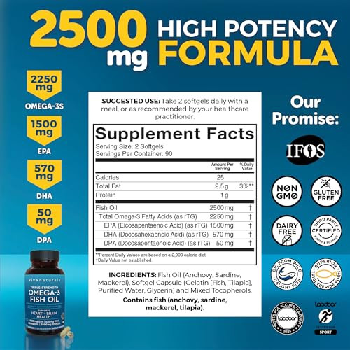 Triple Strength Fish Oil Omega 3 Supplements for Women and Men  2500 mg High-Potency, Easy-to-Absorb Re-esterified Triglyceride Form, Pescatarian-Fr