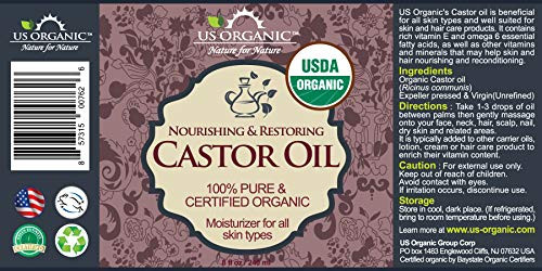 US Organic Castor Oil, USDA Certified Organic,Expeller Pressed, Hexane Free, 100% Pure & Natural moisturizing and emollient properties, For Skin, Hai