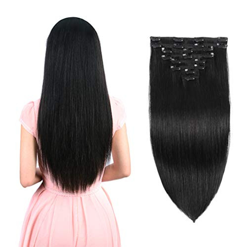 Real Clip in Hair Extensions Black 8 Pieces - Premium Womens Straight Double Weft Thick Remy Hair Extensions Clip in on Human Hair for Short Hair (12