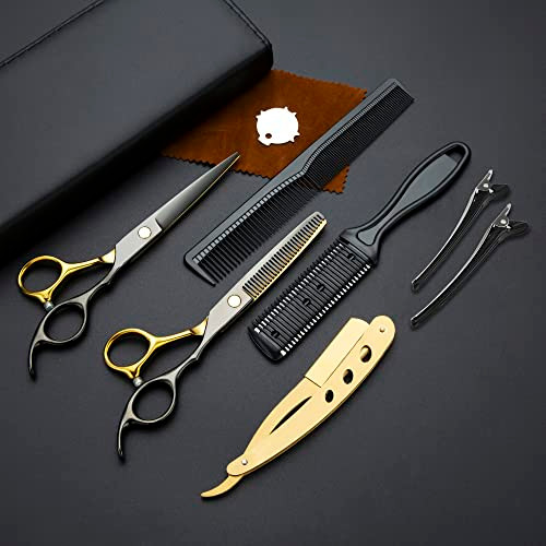 Black Gold Professional Hair Cutting Scissors - Stainless Steel Barber Thinning Shears - Multifunctional Straight and Teeth Scissors Kit for Salon an