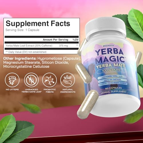 Yerba Magic Yerba Mate Capsules - 100% Pure Extract, High Potency Energy & Focus - 75mg Clean Caffeine Yerba Mate Pill, No Jitters, No Fillers - Unsm