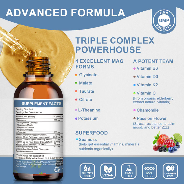 Magnesium Glycinate Liquid Drop - 4 Synergistic Magnesium Complex - Plus Potassium,L-Theanine,Vitamin B,C,D3,K2- Support Sleep, Calm, Heart, Nerves,