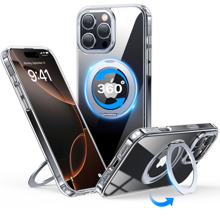 QTlier case for iPhone 16promax, 360 Rotatable Ring Stand, Raised Camera Frame, Shockproof with MagSafe Clear