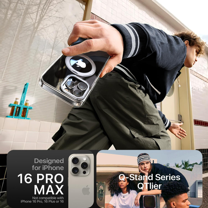 QTlier case for iPhone 16promax, 360 Rotatable Ring Stand, Raised Camera Frame, Shockproof with MagSafe Clear