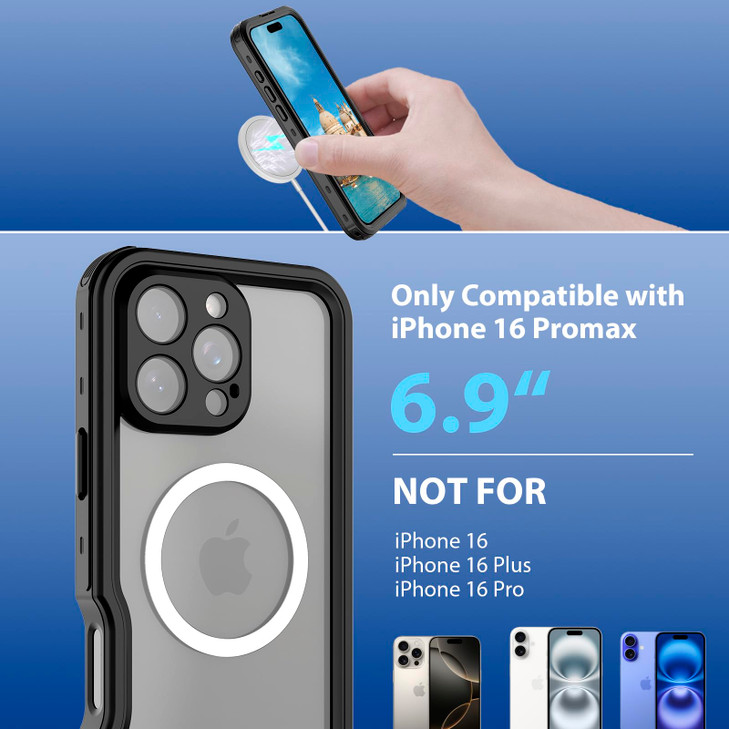 Jiwjfeui Waterproof Clear Case Compatible with iPhone 16 Pro Max, Built in Screen Camera Lens Protector, Military Grade Shockproof, Full Body Heavy D