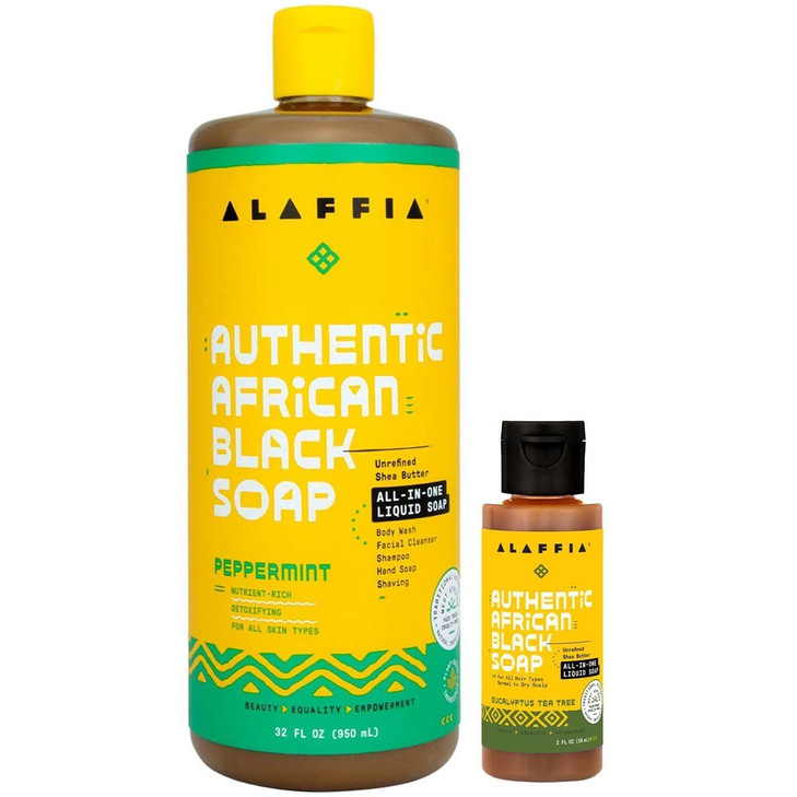 Alaffia Authentic African Black Soap Variety 2-Pack  All-In-One Liquid Soap, Travel-Size Eucalyptus Tea Tree + Full-Size Peppermint Body Wash, Face