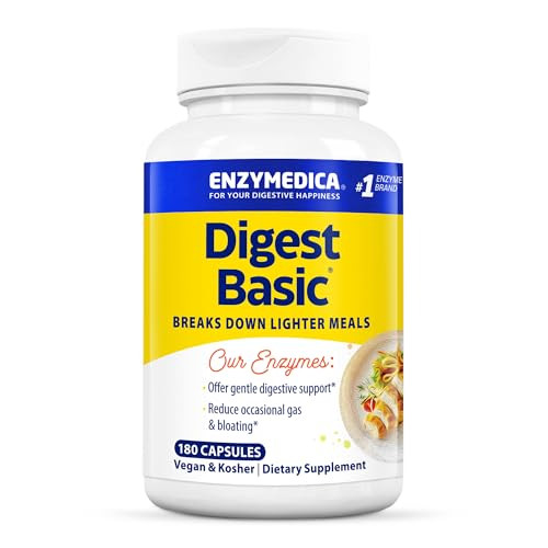 Enzymedica Digest Basic, Digestive Enzymes for Sensitive Stomachs, Offers Fast-Acting Gas & Bloating Relief, 180 Count