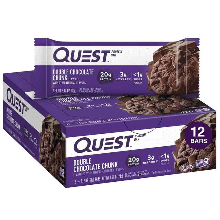 Quest Nutrition Double Chocolate Chunk Protein Bars, 20g Protein, 1g Sugar, 4g Net Carb, Gluten Free, Keto Friendly, 12 Count