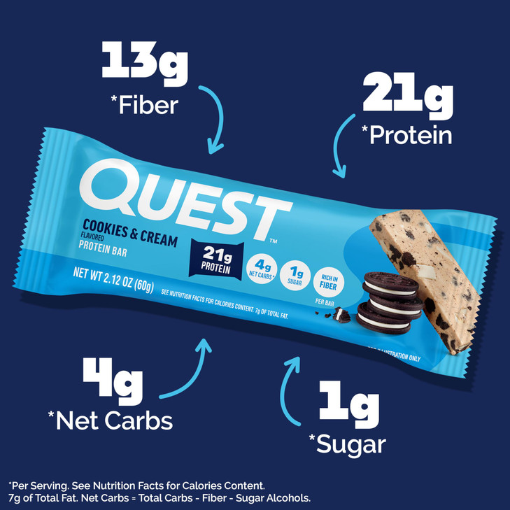 Quest Nutrition Cookies & Cream Protein Bars, 21g Protein, 1g Sugar, 4g Net Carb, High Fiber, Gluten Free, Keto Friendly, 12 Count