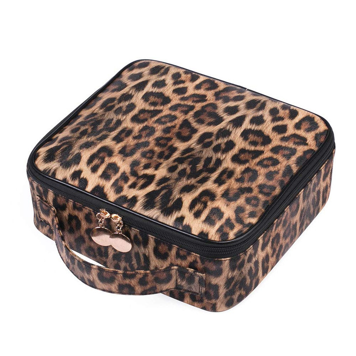 JUER Travel Makeup Train Case with Adjustable Dividers White Marble Makeup Organizer Bag Portable Cosmetic Storage Cases with Brush Holders (Leopard