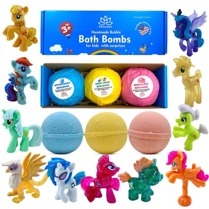 Bath Bombs for Girls Surprise - 3 Natural Handmade Bath Bombs for Kids with Pony Toys Inside - Cool Surprises for Girls, Boys, Teens - Handmade in US