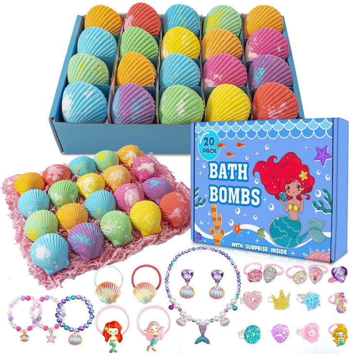 20 Pack Mermaid Bath Bombs for Girls Kids with Surprise Inside Mermaid Gifts for Girls Birthday Gifts Easter Christmas Princess Jewelry Natural Organ