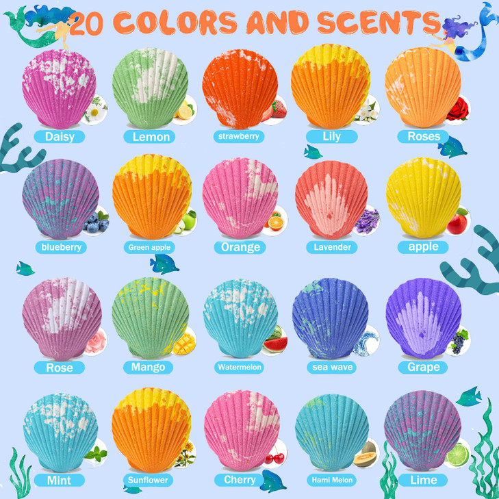 20 Pack Mermaid Bath Bombs for Girls Kids with Surprise Inside Mermaid Gifts for Girls Birthday Gifts Easter Christmas Princess Jewelry Natural Organ
